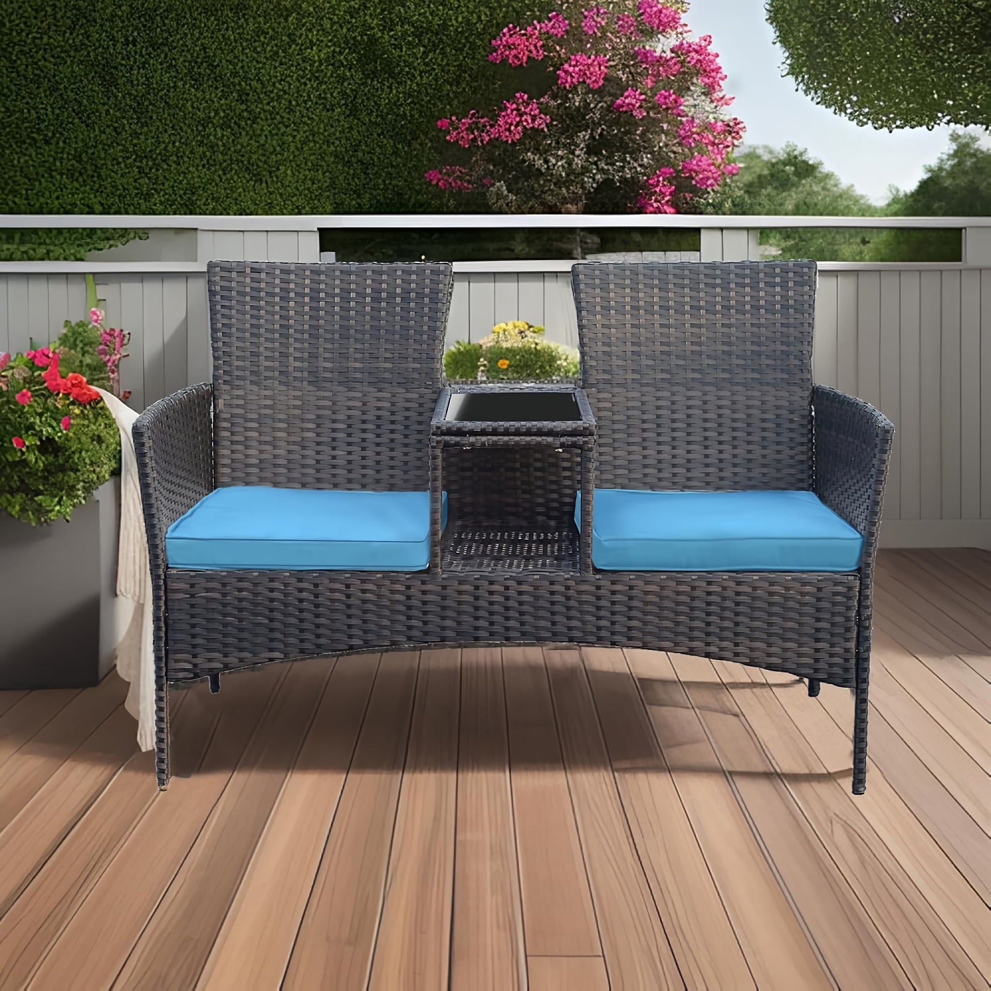 Patio Loveseat Set, Outdoor 2-Seat Rattan Leisure Furniture with Storage Compartment, Soft Cushion for Home, Patio, Garden, Courtyard (Light Blue) - CY-OUT025 Patio Loveseat Set, Outdoor 2-Seat Rattan Leisure Furniture with Storage Compartment, Soft Cushion for Home, Patio, Garden, Courtyard (Light Blue) - CY-OUT025